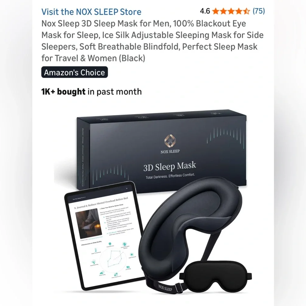 NWT NOX 3D Sleep Mask 100% Black-Out Soft Silk Breathable Travel Deep Sleep Adj
